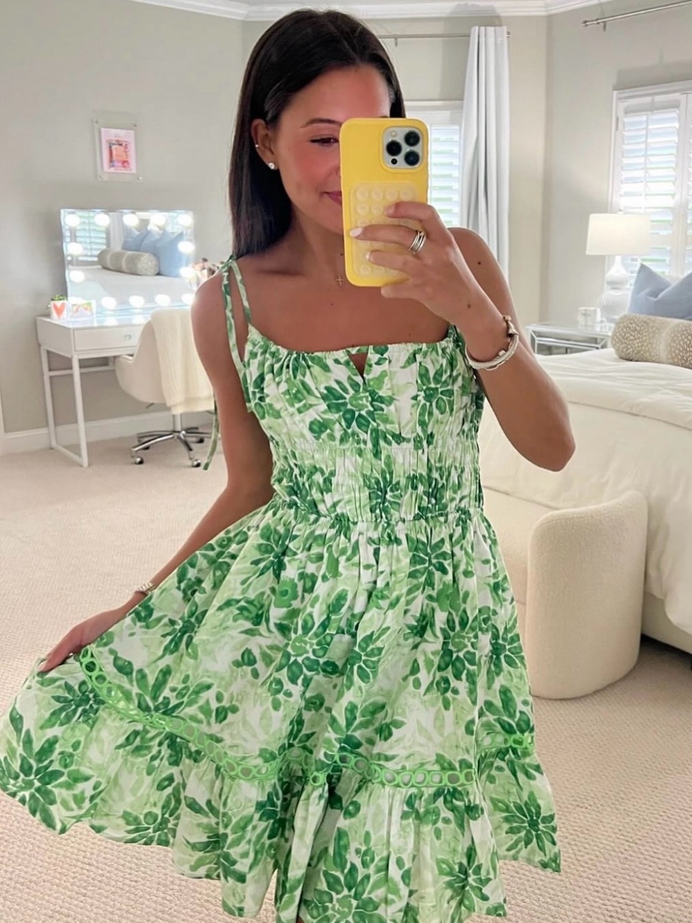 Green Floral Smocked Mini Dress with Tie Straps